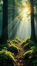 Moss carpeted forest floor with sunbeams filtering through trees, foliage, magical forest Royalty Free Stock Photo