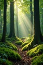 Moss carpeted forest floor with sunbeams filtering through trees peaceful scene forest floor Royalty Free Stock Photo