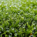 Moss class Bryopsida densely covered with clear spherical droplets of Royalty Free Stock Photo