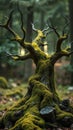 Moss-covered ancient tree stands tall amidst a dense forest in the early morning light Royalty Free Stock Photo