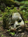 Moss-covered doll head in a forest setting