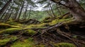 Ancient Forest Floor with Exposed Roots and Lush Moss Royalty Free Stock Photo