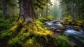 Enchanted Forest Stream with Ancient Mossy Tree Royalty Free Stock Photo