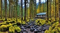 Moss-Covered Forest Cabin by a Rocky Stream Royalty Free Stock Photo