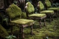 Moss covered garden chairs. Generate ai