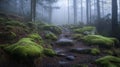 Moss-Covered Path Through a Misty Forest Royalty Free Stock Photo