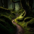 A moss-covered path in the verdant forest leads the way, Generative Ai