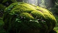 Moss covered rock in a forest setting bathed in dappled sunlight Royalty Free Stock Photo