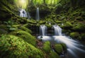 A moss-covered rock waterfall in a forest, with natural light streaming through the foliage Royalty Free Stock Photo