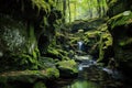 moss-covered rocks along a tranquil forest stream