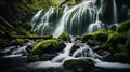 Moss covered rocks and clear water at pristine waterfall Royalty Free Stock Photo
