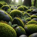 Moss covered rocks with dewdrops create a lush serene forest scene Royalty Free Stock Photo