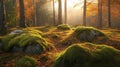 Moss-Covered Rocks in a Sun-Dappled Autumn Forest Royalty Free Stock Photo