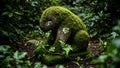 Moss covered sculpture in garden looking like a turtle or toad with moss and ferns Royalty Free Stock Photo