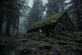 Moss covered stone cabin in dark mysterious forest Royalty Free Stock Photo