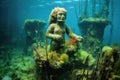 moss-covered stone cherub among vibrant coral reef Royalty Free Stock Photo