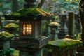 Moss-covered stone lantern glowing in a serene forest at dusk Royalty Free Stock Photo