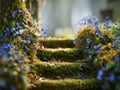 Moss-covered stone steps surrounded by delicate blue wildflowers creating a serene and enchanting forest pathway bathed in soft Royalty Free Stock Photo