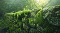 Moss-covered stone wall with cobweb in forest, macro photography. Nature and tranquility concept Royalty Free Stock Photo
