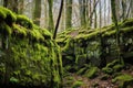 a moss-covered stone wall within a hidden forest cave