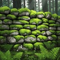 Moss covered stone wall illustrated in a dense forest setting Royalty Free Stock Photo