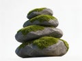 Moss-Covered Stones Stacked in a Tower on White Background Royalty Free Stock Photo