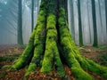 Moss Covered tree in a foggy forest