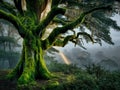 Moss Covered tree in a foggy forest