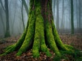 Moss Covered tree in a foggy forest