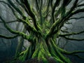 Moss Covered tree in a foggy forest