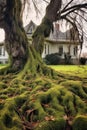 moss-covered tree roots sprawling across backyard lawn Royalty Free Stock Photo