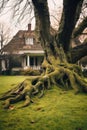 moss-covered tree roots sprawling across backyard lawn Royalty Free Stock Photo