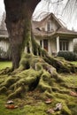 moss-covered tree roots sprawling across backyard lawn Royalty Free Stock Photo