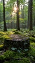 Moss-covered tree stump stands in the midst of a dense forest Royalty Free Stock Photo