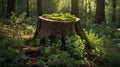 Enchanted Forest Stump with Mossy Crown and Lush Undergrowth Illuminating by Sunlight Royalty Free Stock Photo