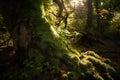 moss-covered tree trunk with dappled sunshine shining through the leaves
