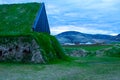 Moss-Covered Turf House During Blue Hour: Harmonious Icelandic Landscape Royalty Free Stock Photo