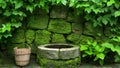 Moss-covered well with vibrant green foliage and rustic basket Royalty Free Stock Photo