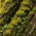 Moss covers the textured bark of a tree creating a lush green surface Royalty Free Stock Photo