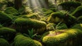 Moss creates a soft textured surface on the rocks and the ferns Royalty Free Stock Photo