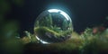 Moss and green trees in glass sphere on dark background. Environment under protection, save plants.