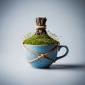 Moss Growing Inside a Blue Ceramic Cup Wrapped with Rope on a Light Blue Background with Vignette Lighting and a Tree Stump Royalty Free Stock Photo