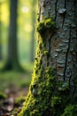 Moss and lichen on birch tree trunk in forest, , birch tree Royalty Free Stock Photo