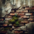 Moss and a lone plant emerge from a wall of decaying bricks, symbolizing life's persistence Royalty Free Stock Photo