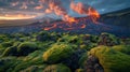 Mosscovered boulders dot the landscape as a distant volcano spews molten lava into the air. The contrast between the