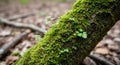 Mosscovered tree branch with small green plants growing on it in a forest setting Royalty Free Stock Photo