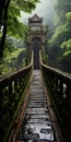 Mossy Bridge Over Fog Covered Forest: A Grandiose Gothic Ruin