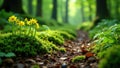 Mossy forest floor with ferns and wild garlic, leaf litter, moss, ferns Royalty Free Stock Photo
