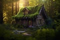 Mossy Haven: A Cozy Cabin in the Forest Glowing with Gentle Dawn