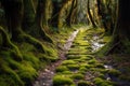 Mossy path winding through a dense forest with trees and ferns. Generative AI Royalty Free Stock Photo